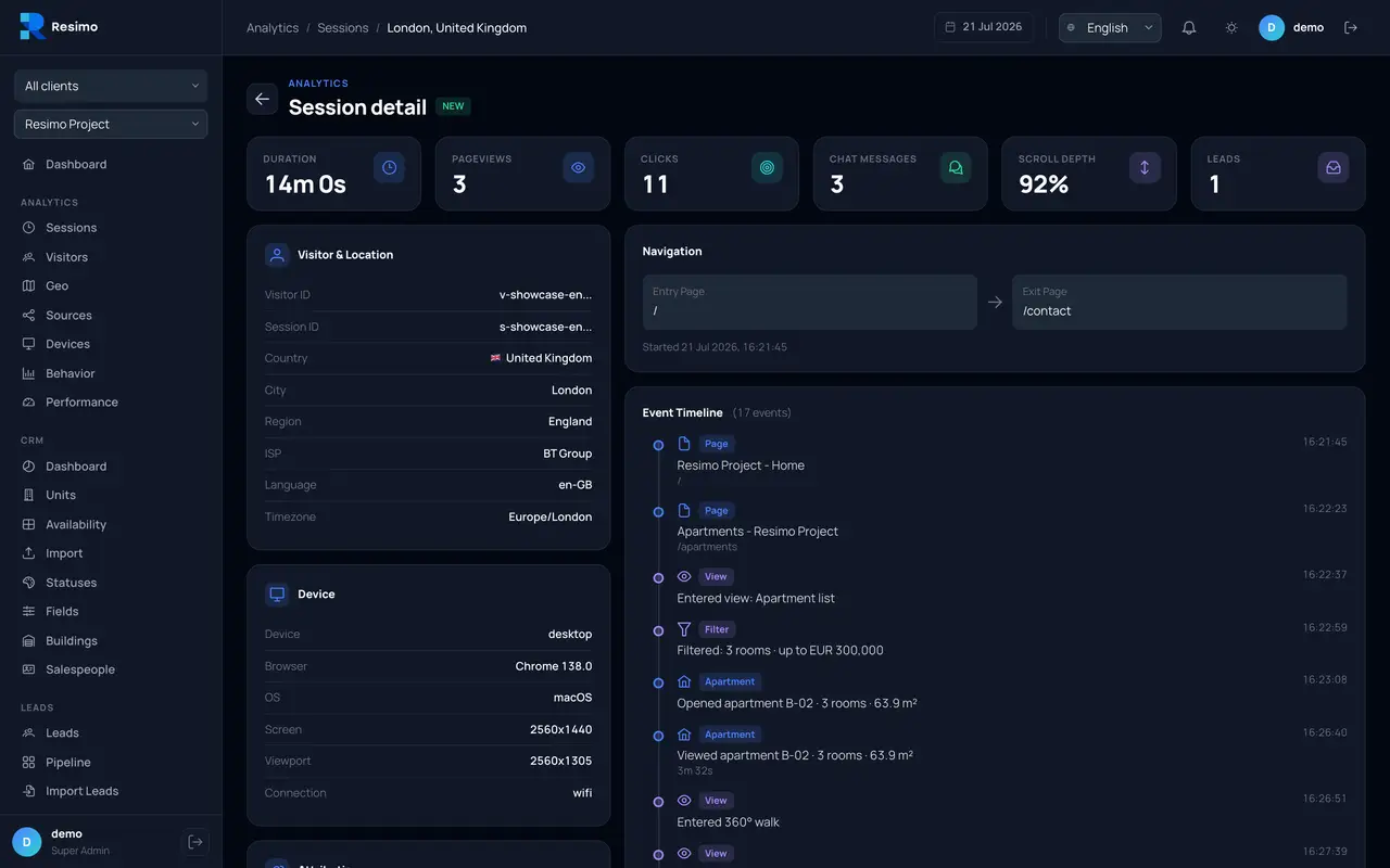 Session detail with an event timeline