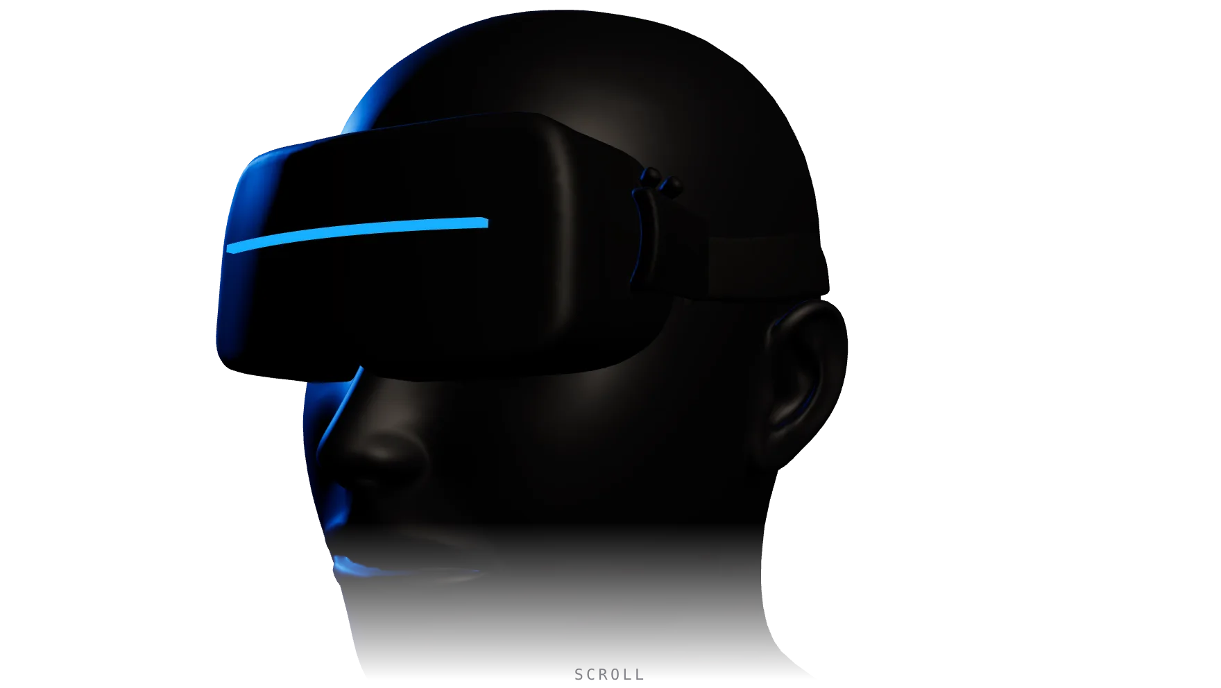A dark mannequin head wearing a VR headset with a glowing blue visor